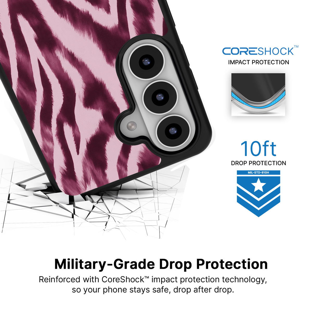 Sangria Zebra Samsung Galaxy S26 case with 10ft military-grade drop protection