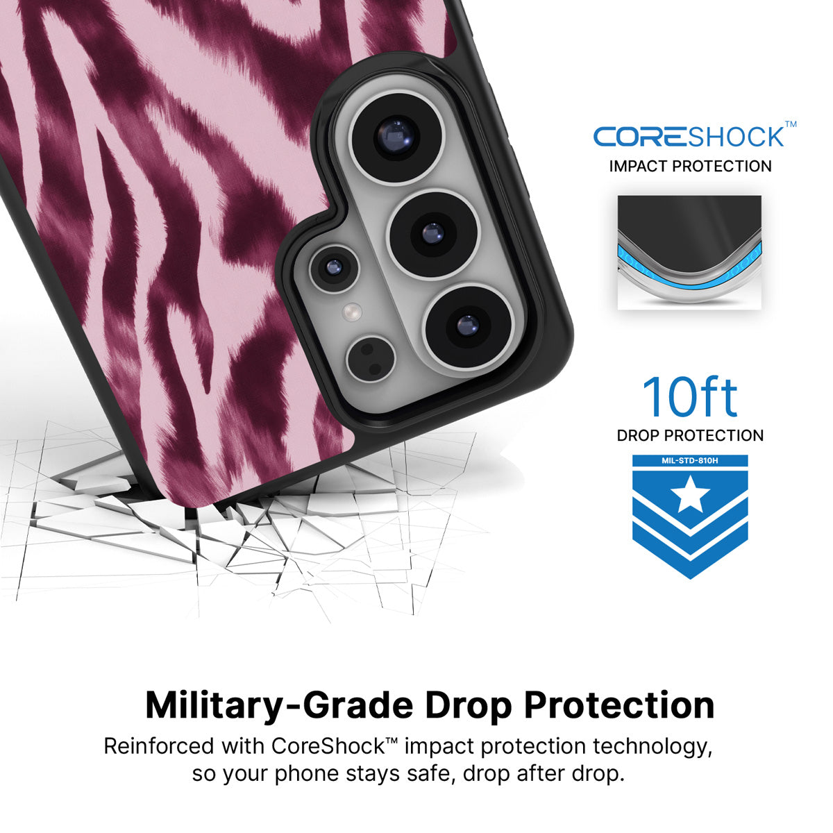 Sangria Zebra Samsung Galaxy S26 Ultra case with 10ft military-grade drop protection