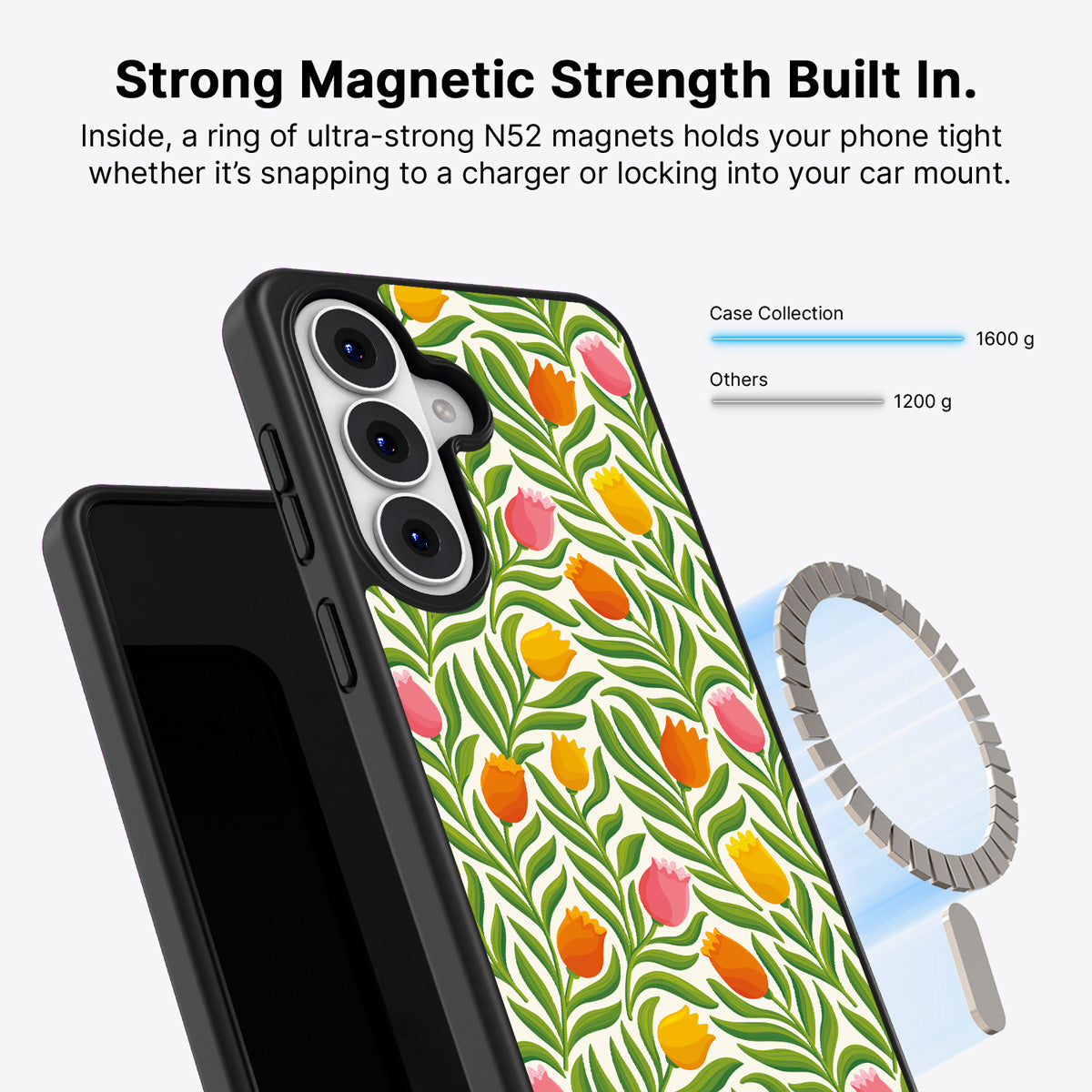 Samsung Galaxy S26 Qi2 magnetic case with N52 magnets – Spring Tulips design