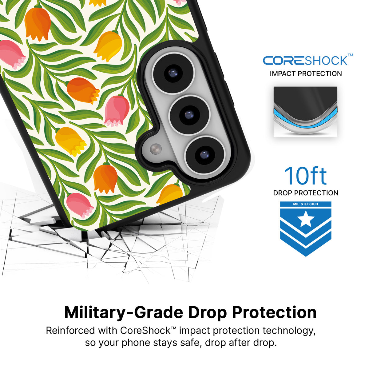 Spring Tulips Samsung Galaxy S26 Plus case with 10ft military-grade drop protection