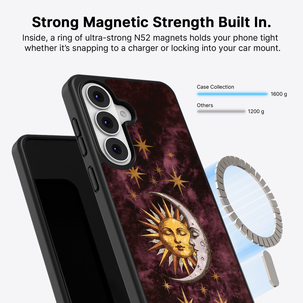 Samsung Galaxy S26 Qi2 magnetic case with N52 magnets – Sun and Moon design