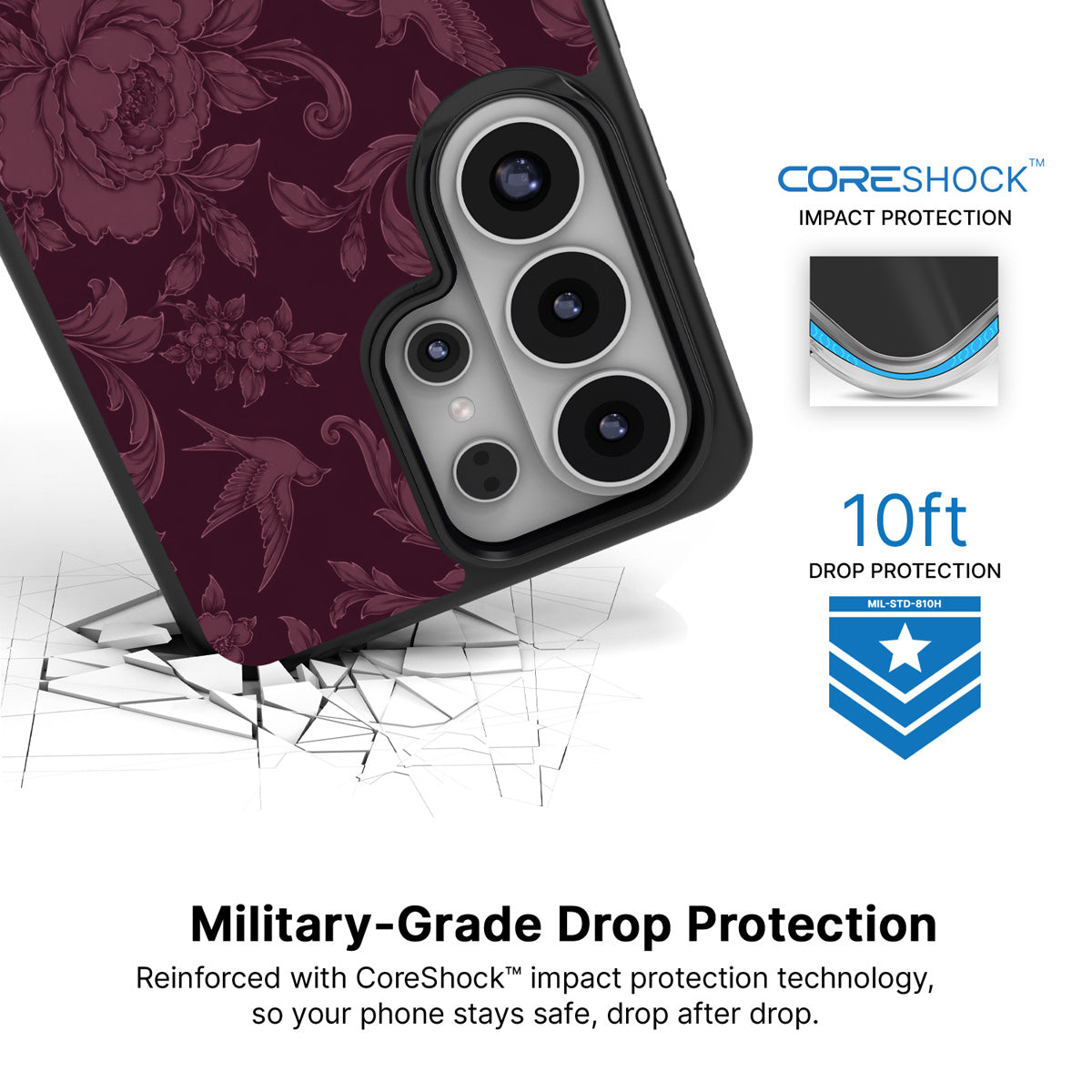 Swallow Damask Samsung Galaxy S26 Ultra case with 10ft military-grade drop protection