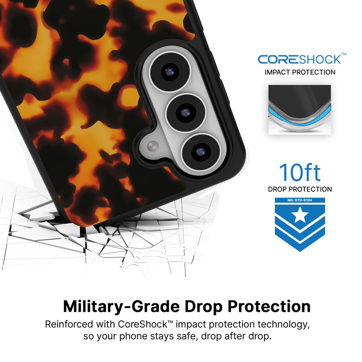 Tortoise Shell Samsung Galaxy S26 Plus case with 10ft military-grade drop protection