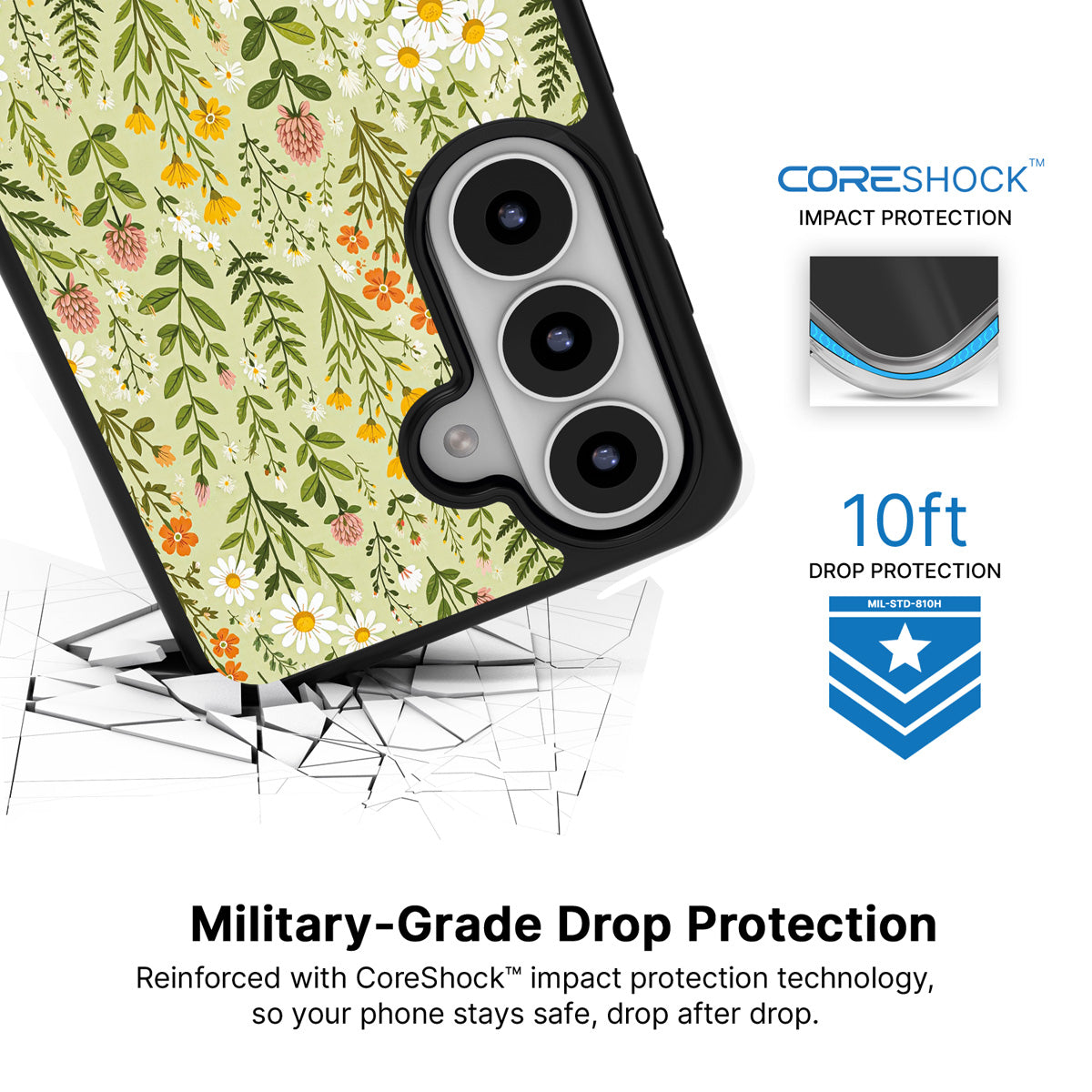 Wildflower Meadow Samsung Galaxy S26 Plus case with 10ft military-grade drop protection