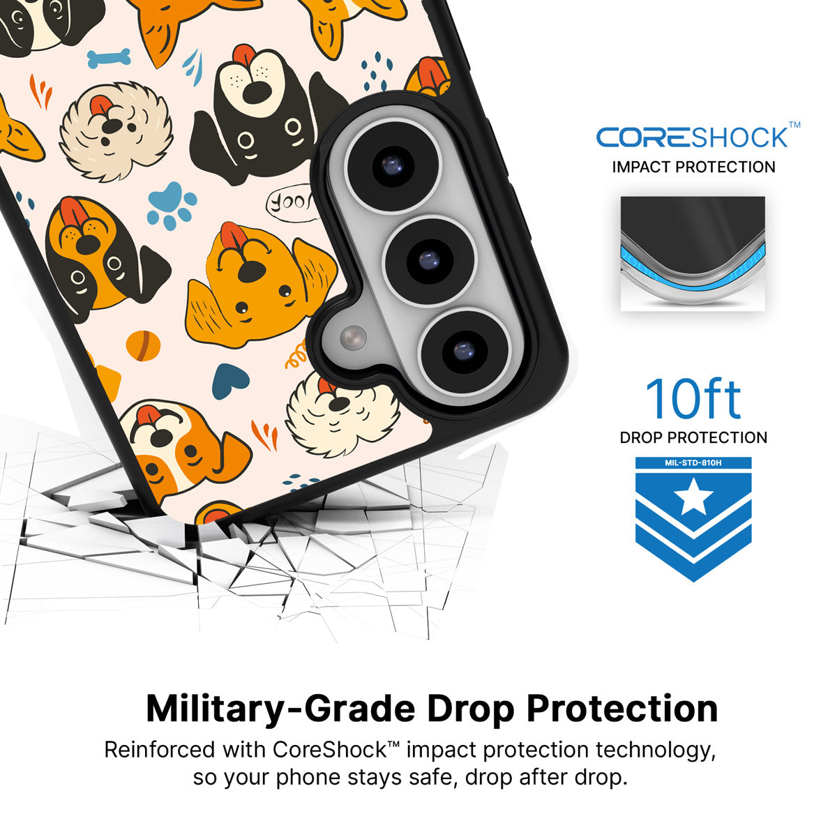 Woof Squad Samsung Galaxy S26 Plus case with 10ft military-grade drop protection